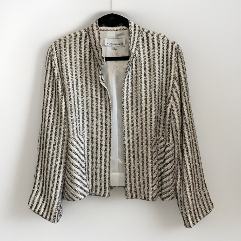Caroline Rose Pearl Cream Stitch Open Blazer Womens Medium Viscose Lined Pocket